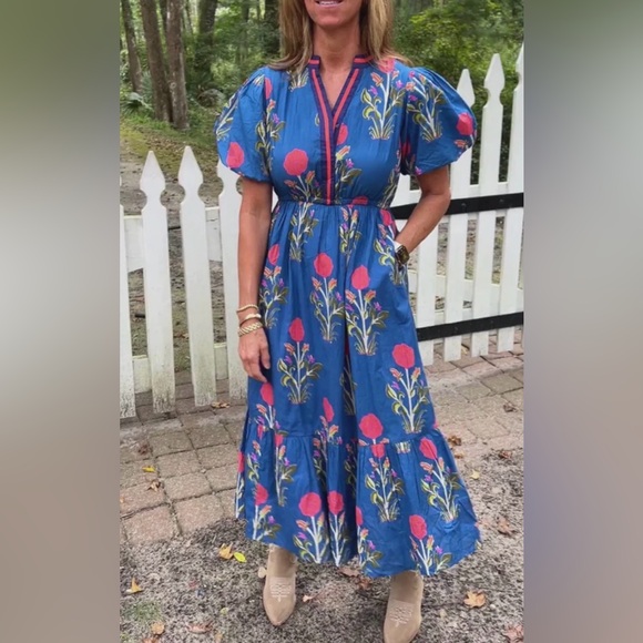 THML Floral dahlia puff sleeve Midi Dress blue green - Picture 2 of 11